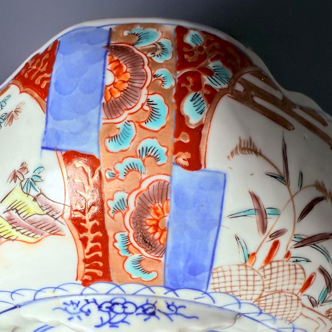 古伊万里　色絵風景画人物図三ツ鉢揃　二重四ツ足高台　四角鉢　珍品　古美術