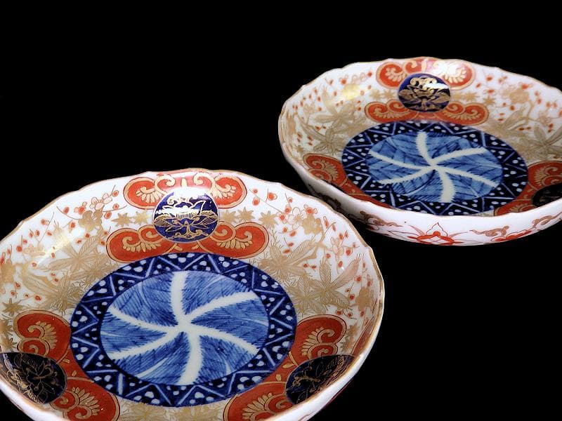 古伊万里　金襴手　松竹梅に花の図　４寸皿　２枚　E774AS-CPv