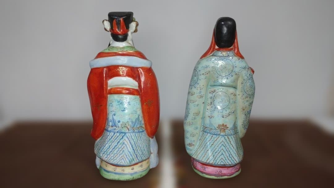 福禄寿の禄星と福星二体、中国陶器像 伝説的な人物