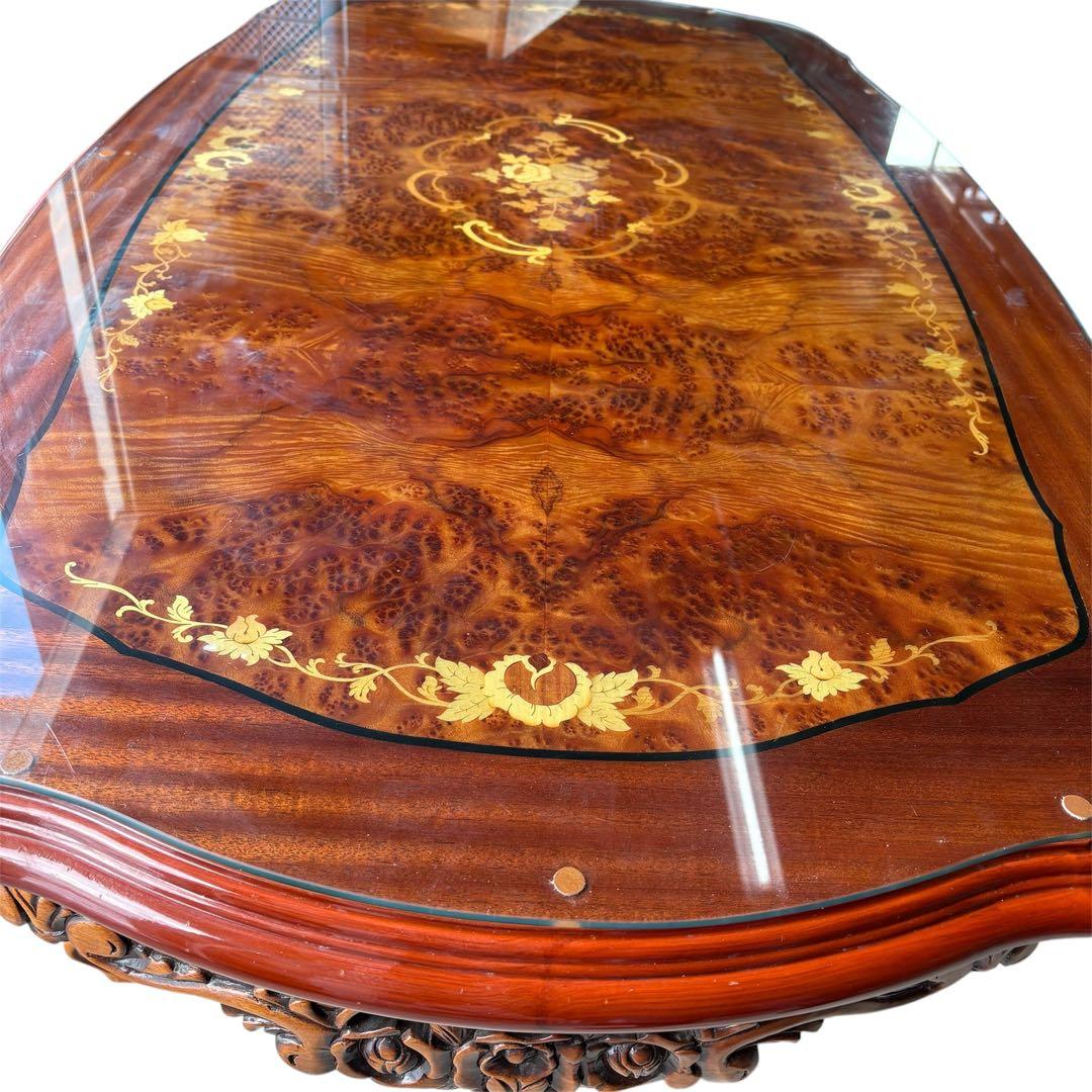 【手渡し限定】イタリア　象嵌 アンティーク ダイニングセット　硝子マット付