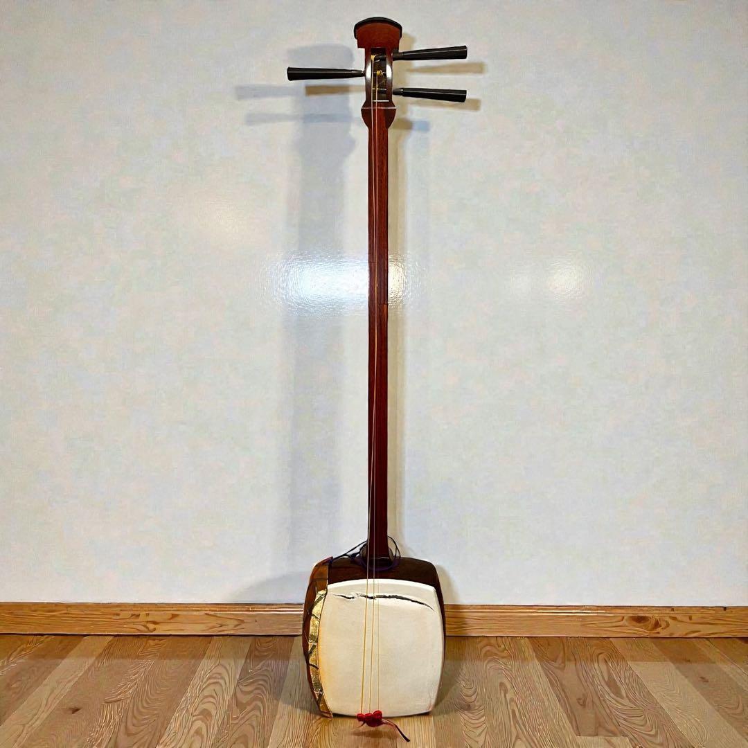 長唄三味線 中棹 硬木棹 木製糸巻・胴掛（五厘大） ハードケース付 現状品