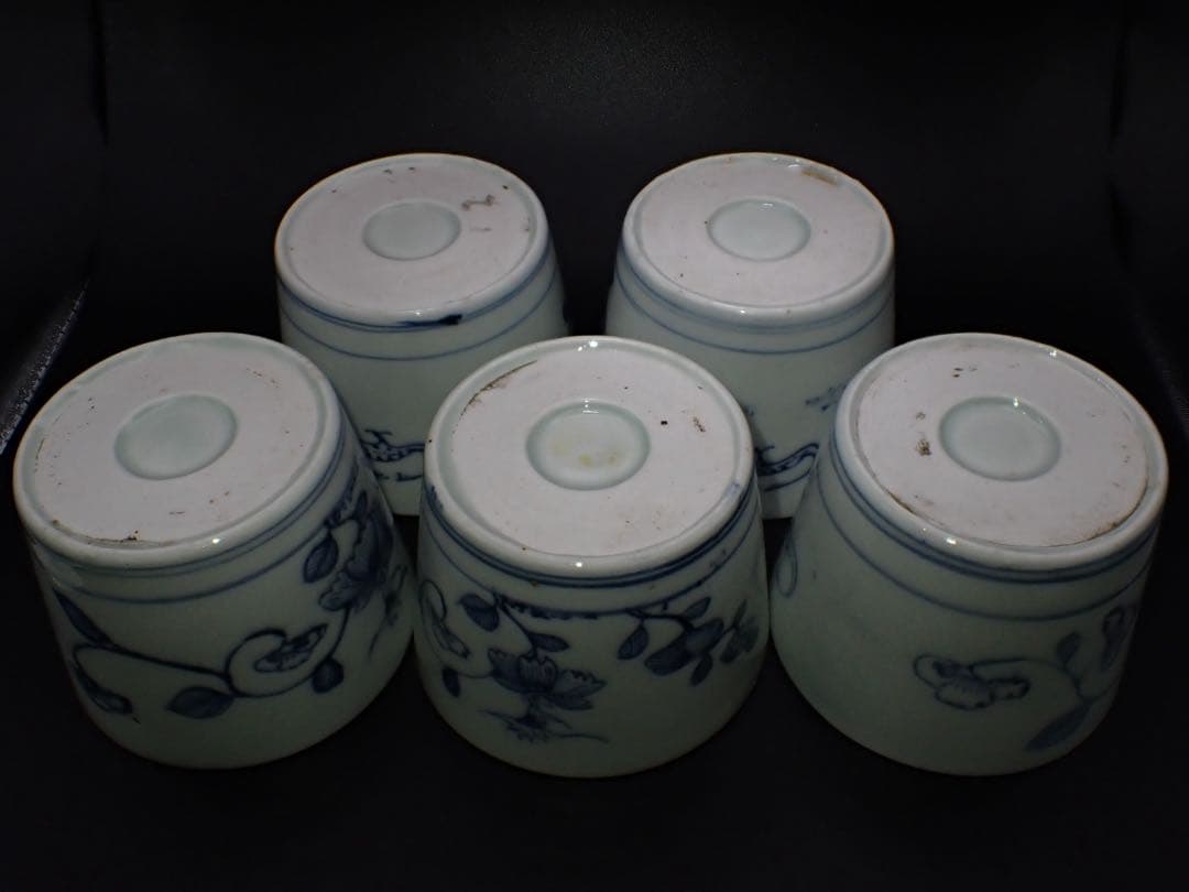 (青6)古伊万里 蕎麦猪口 そば猪口 草花の図 5ヶセット 幕末