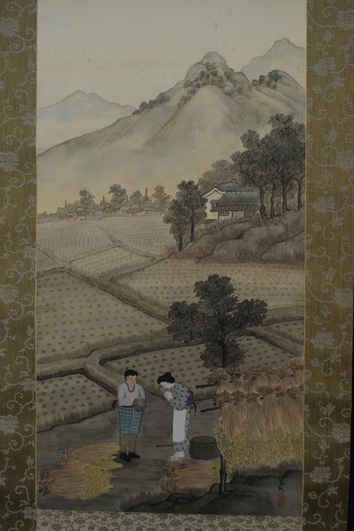 作者不詳/美江？/農村風景図/田家人物図/掛軸☆宝船☆Z-736
