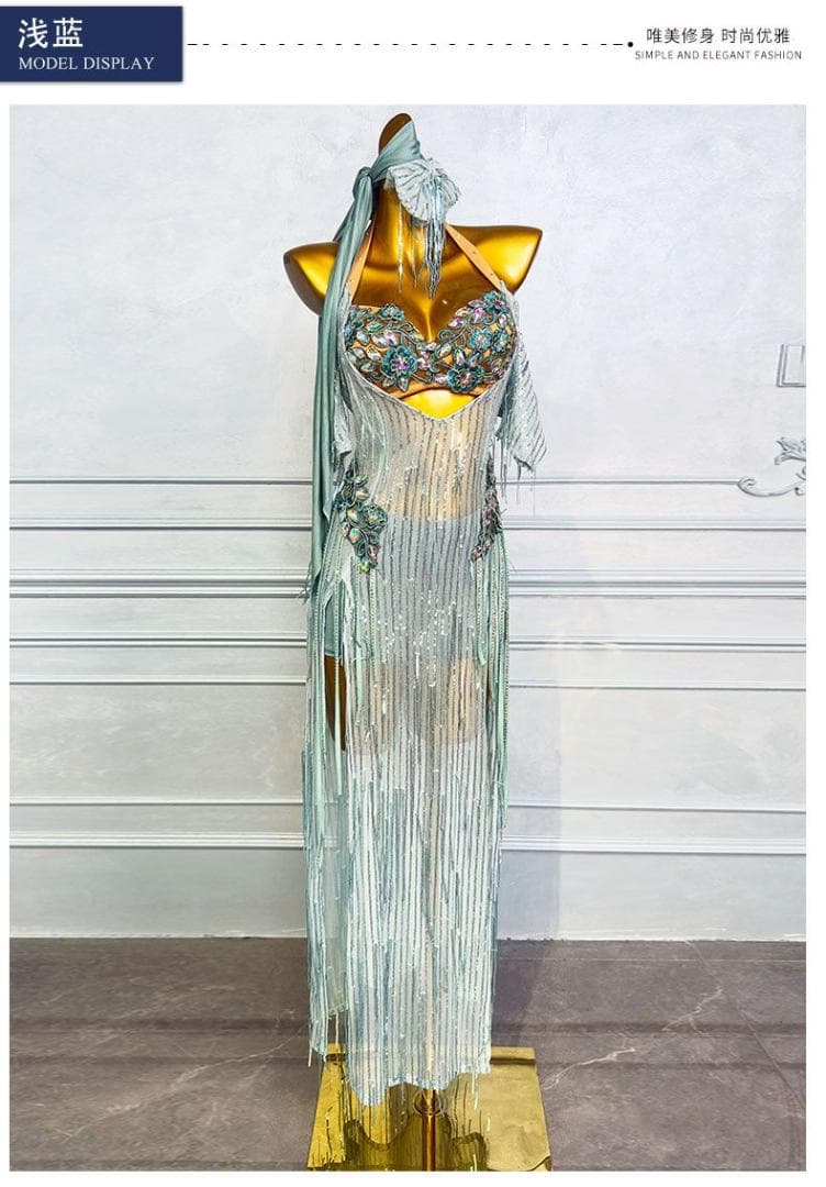 ベリーダンス衣装 スパンコールフリンジ ロングドレスライトブルー