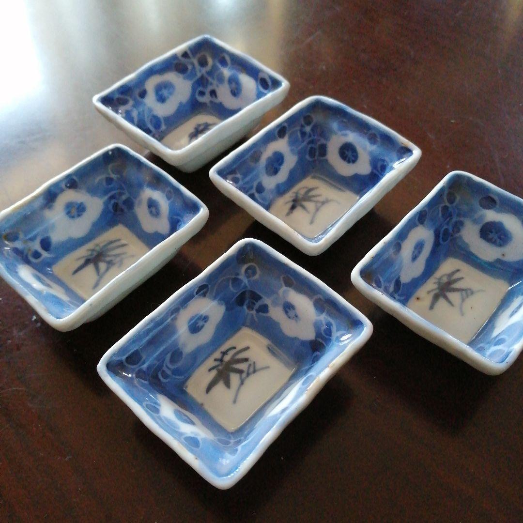 古伊万里　染付梅紋手塩皿　5客　6cm　江戸中期（1750-1790年頃）