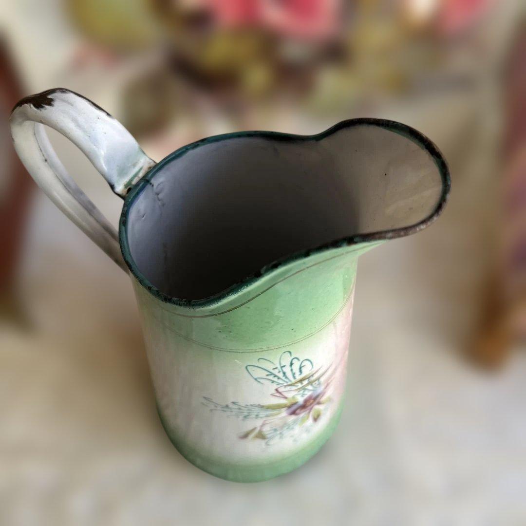 フランスアンティーク　グリーングラデーション　ホーロー水差し