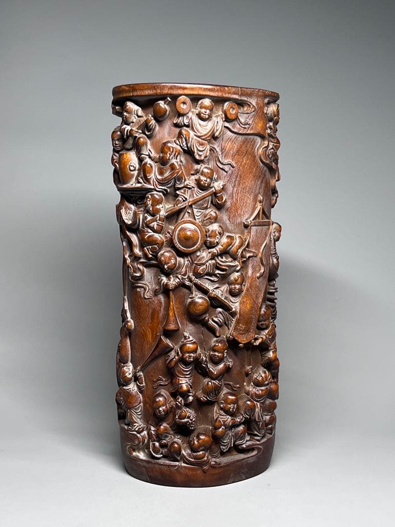 古美術　黄楊木　拓植　筆筒　筆立て　百子図　高浮彫　文房具　木製　置物　希少