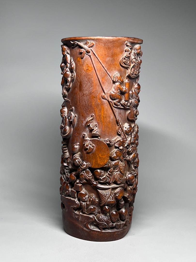 古美術　黄楊木　拓植　筆筒　筆立て　百子図　高浮彫　文房具　木製　置物　希少