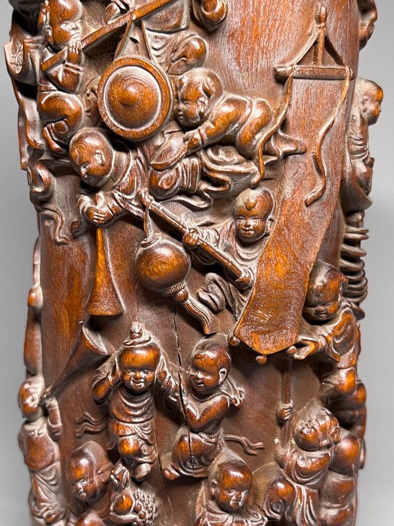 古美術　黄楊木　拓植　筆筒　筆立て　百子図　高浮彫　文房具　木製　置物　希少