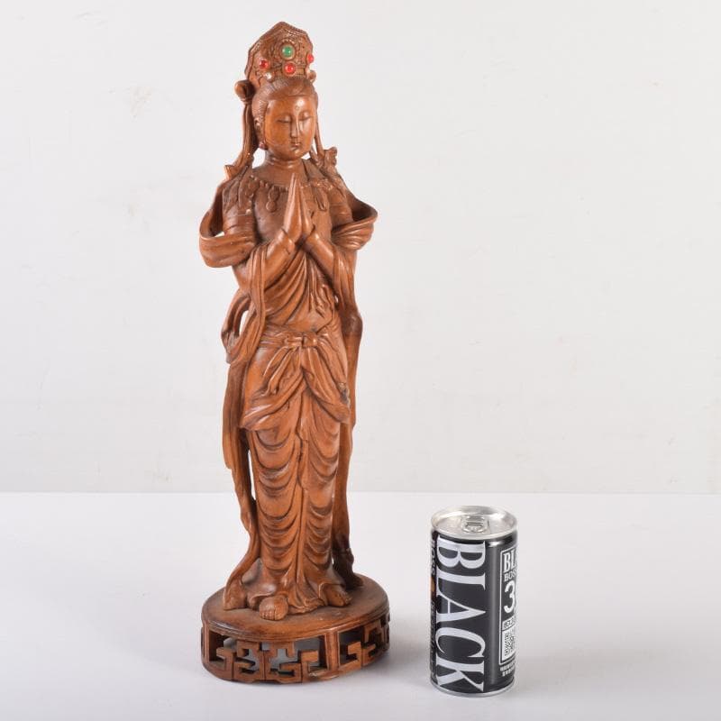 中国　唐木黄楊木製　玉石装飾　観音菩薩像　仏像　高さ約40cm　N　7208