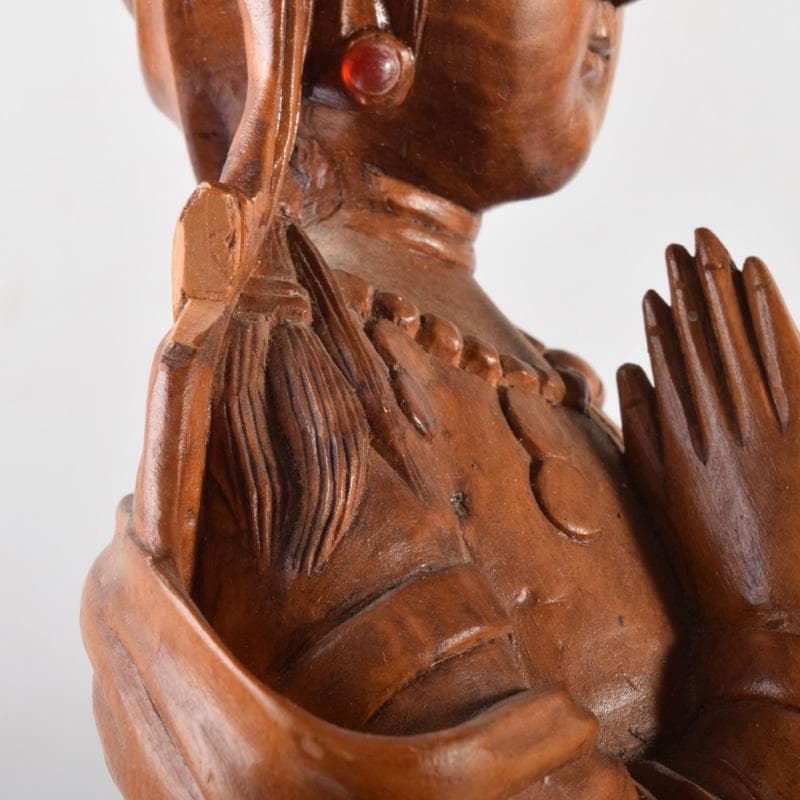 中国　唐木黄楊木製　玉石装飾　観音菩薩像　仏像　高さ約40cm　N　7208