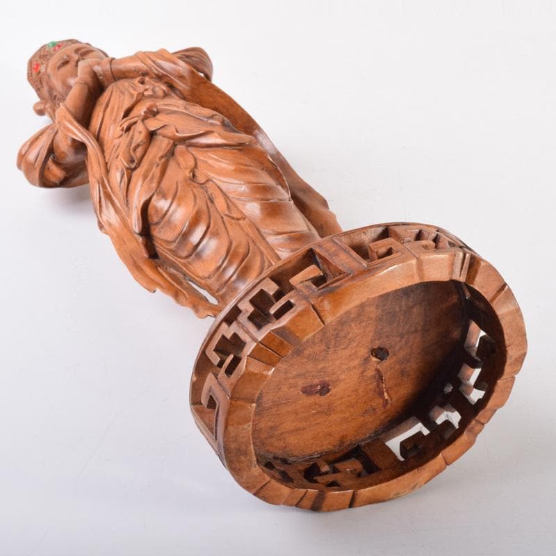 中国　唐木黄楊木製　玉石装飾　観音菩薩像　仏像　高さ約40cm　N　7208