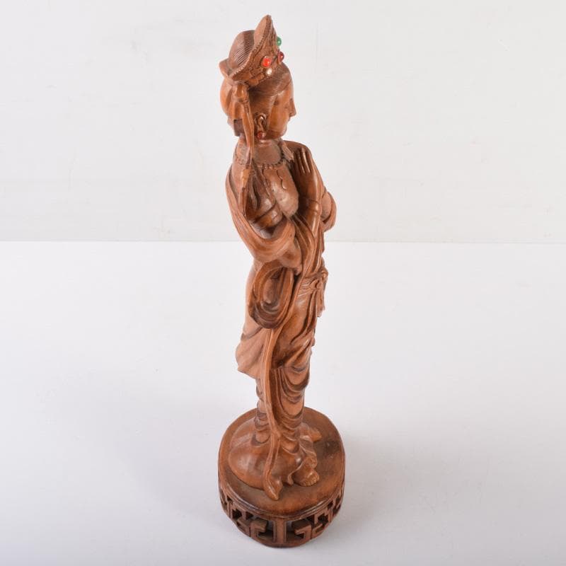 中国　唐木黄楊木製　玉石装飾　観音菩薩像　仏像　高さ約40cm　N　7208