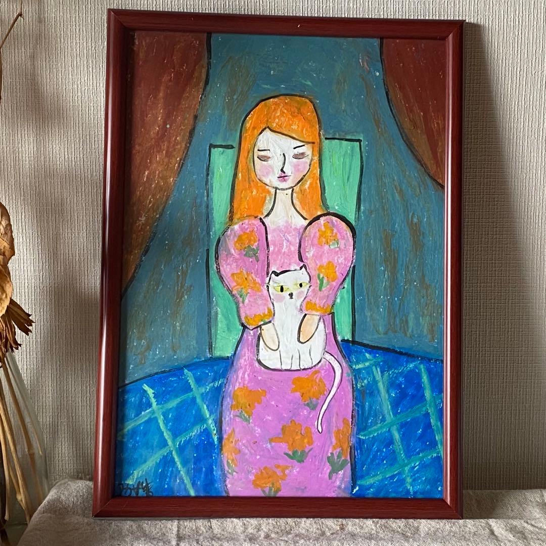 絵画。壁掛け絵原画手描き【ピンクのスカートを着て白い猫を抱いている女の子】