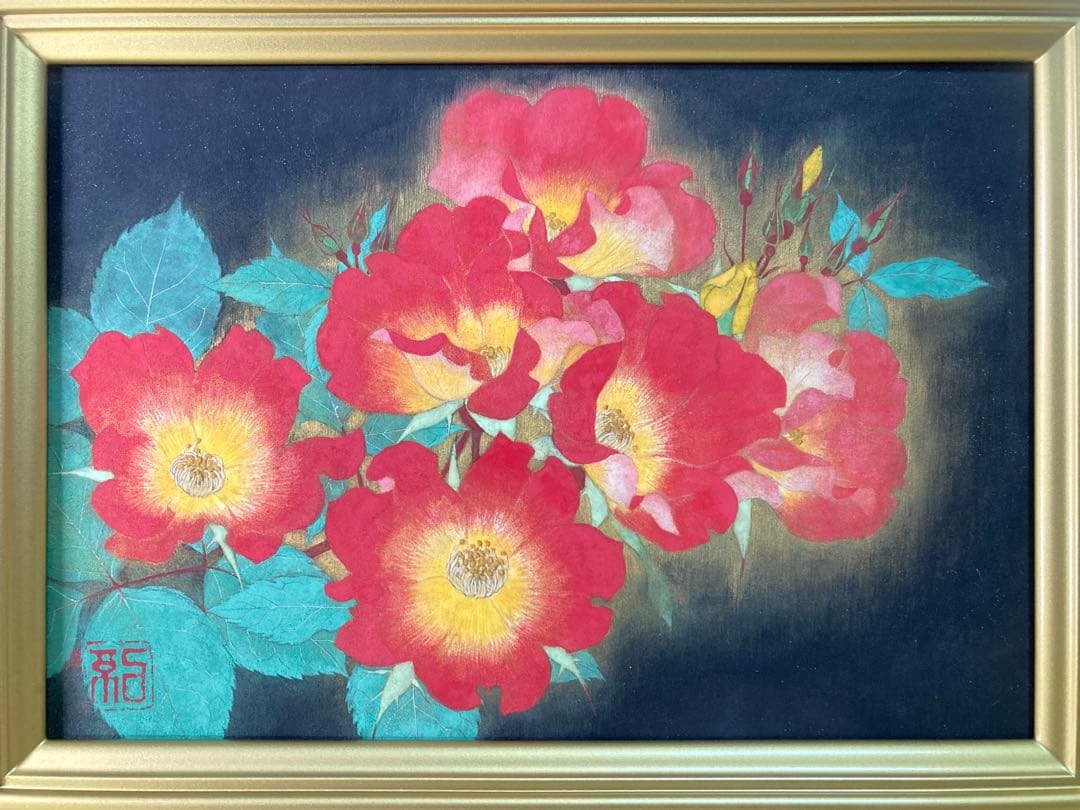 【真作保証】杉山紀美子「薔薇」日本画 印章 共シール有り 絵画