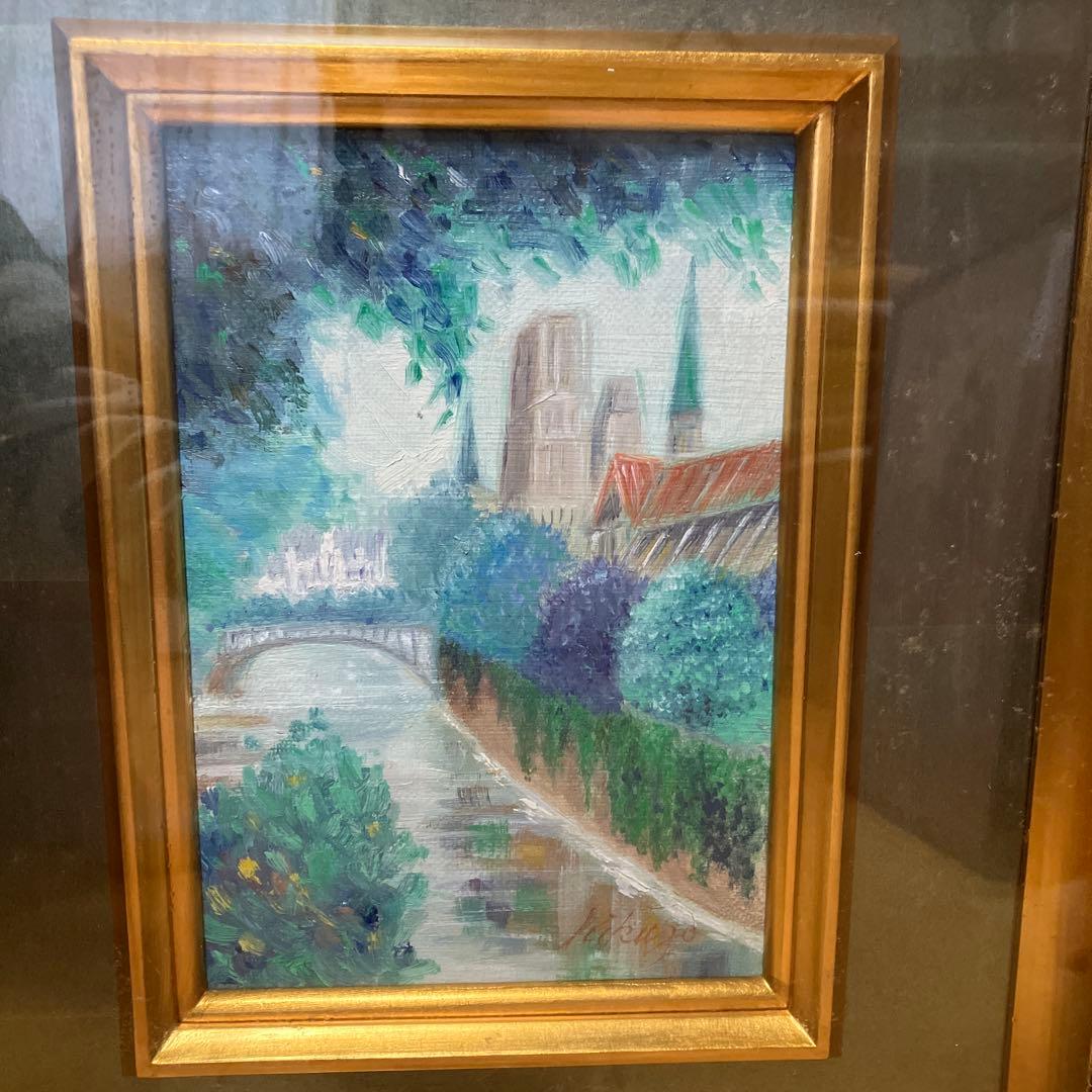 油彩画　風景画 『画題ラ・セーヌ』金色木製フレーム付き