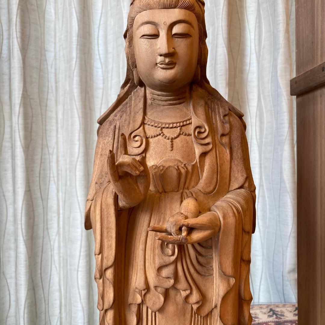 聖観音仏像　木彫柘植　高村光雲刻之　仏像　聖観音菩薩像【kurokunn】　H
