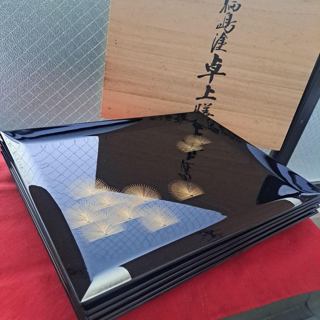 【輪島塗　五島屋謹製　卓上膳×5客】布着本堅地　沈金寿松葉　長期保管品