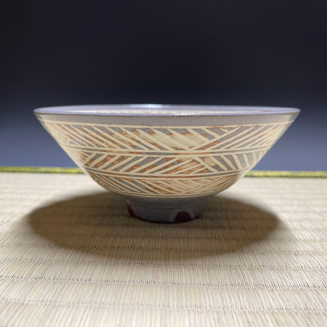 柿花窯 彫三島 平茶碗 茶道具 骨董品 923