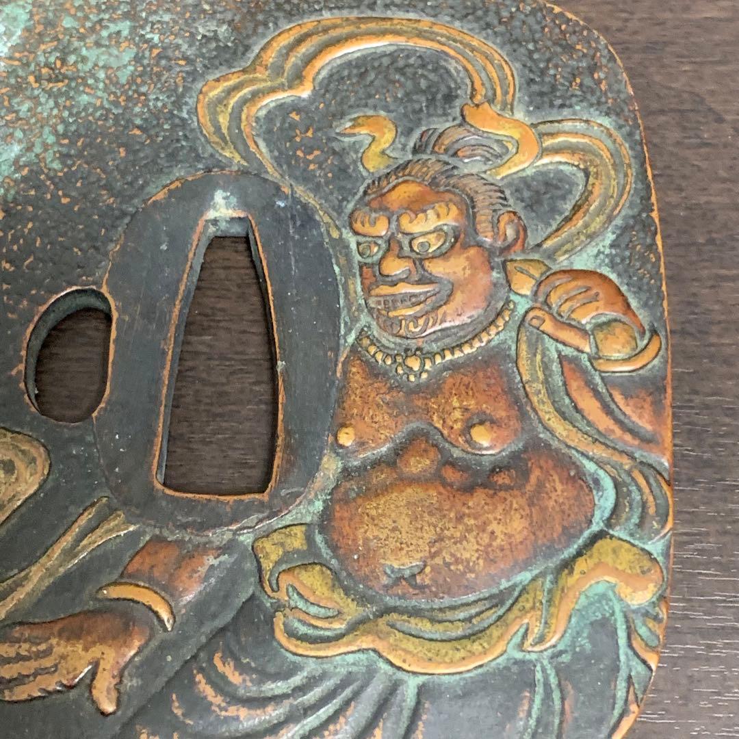 《アンティーク・希少レア》《送料無料》⭐︎金剛力士仁王像文四角 銅鍔　木箱付き♪⭐︎