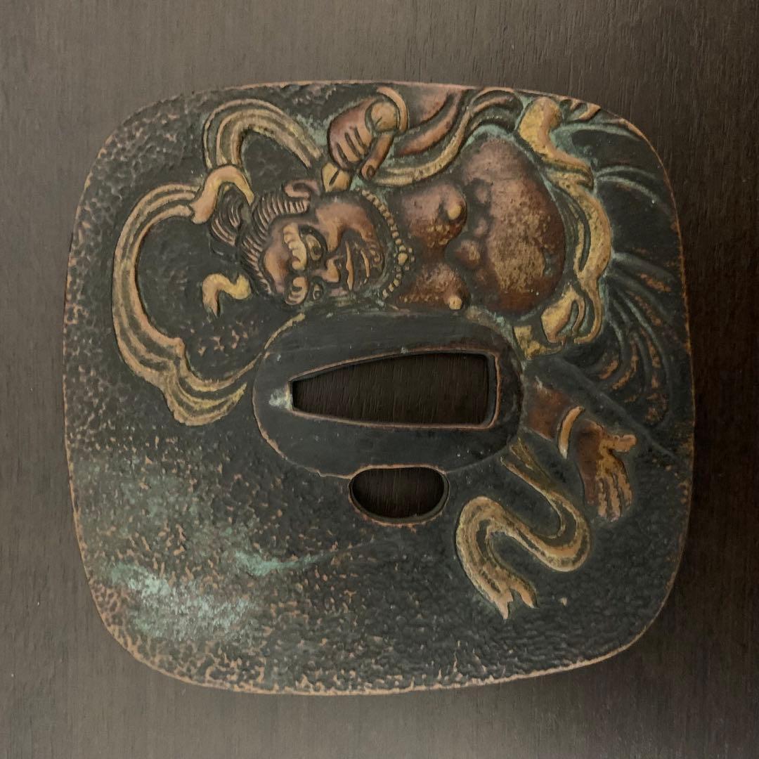 《アンティーク・希少レア》《送料無料》⭐︎金剛力士仁王像文四角 銅鍔　木箱付き♪⭐︎