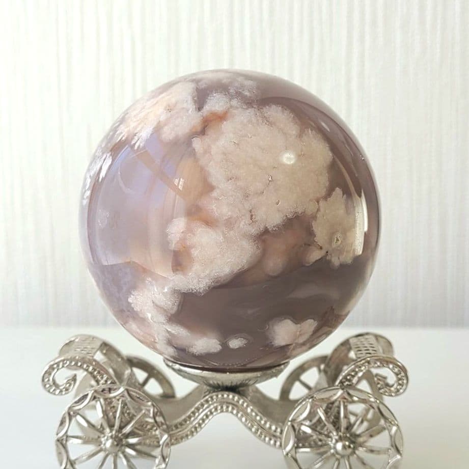 夜桜瑪瑙　スフィア　丸玉　天然石置物　コレクション　風水　フラワーアゲート　原石