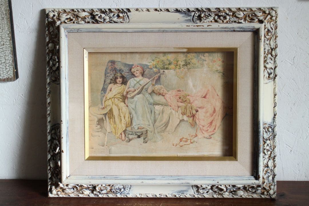 T926　アンティーク額装　シルクに描かれた少女達の絵画ヴィンテージディスプレイ