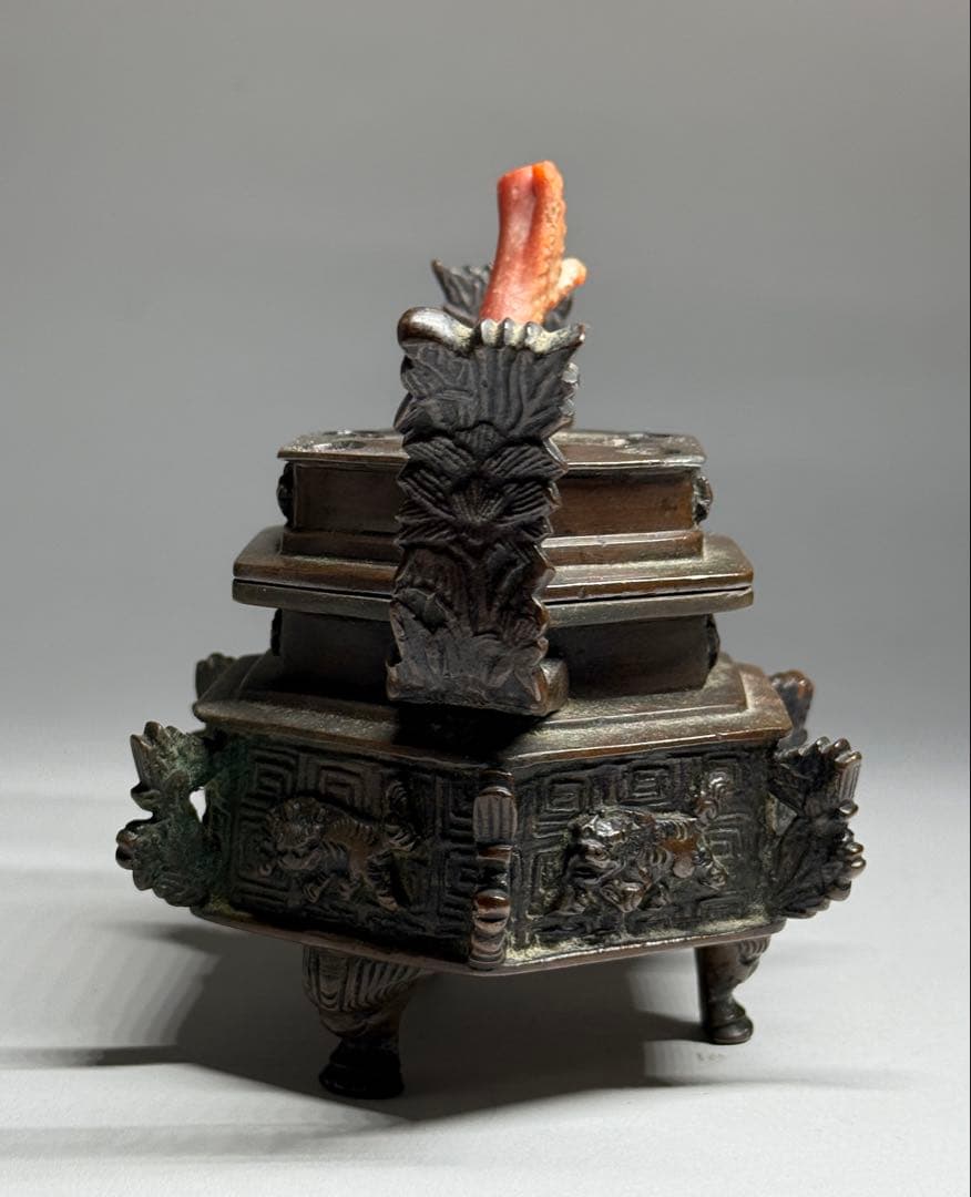 銅製　香炉　獅子　蓋付　銅器　香道具