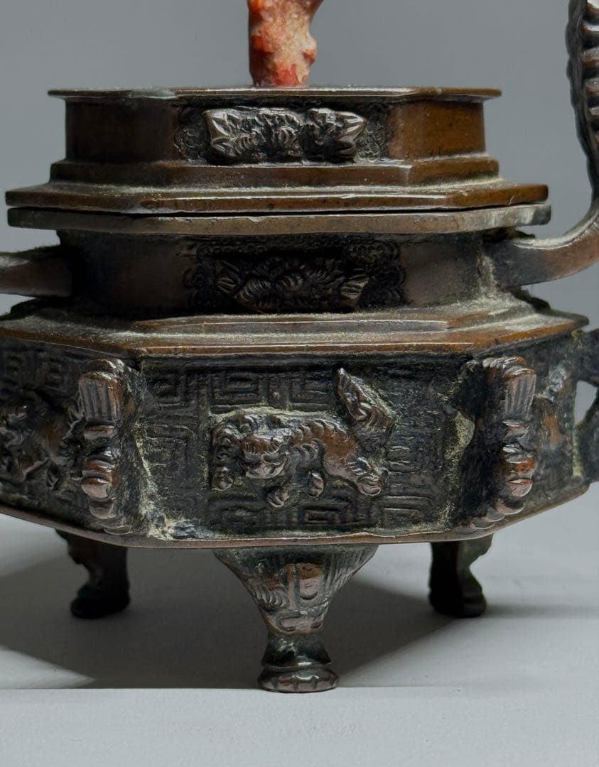 銅製　香炉　獅子　蓋付　銅器　香道具