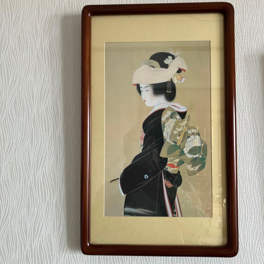 日本画 女性の肖像 木製フレーム付き