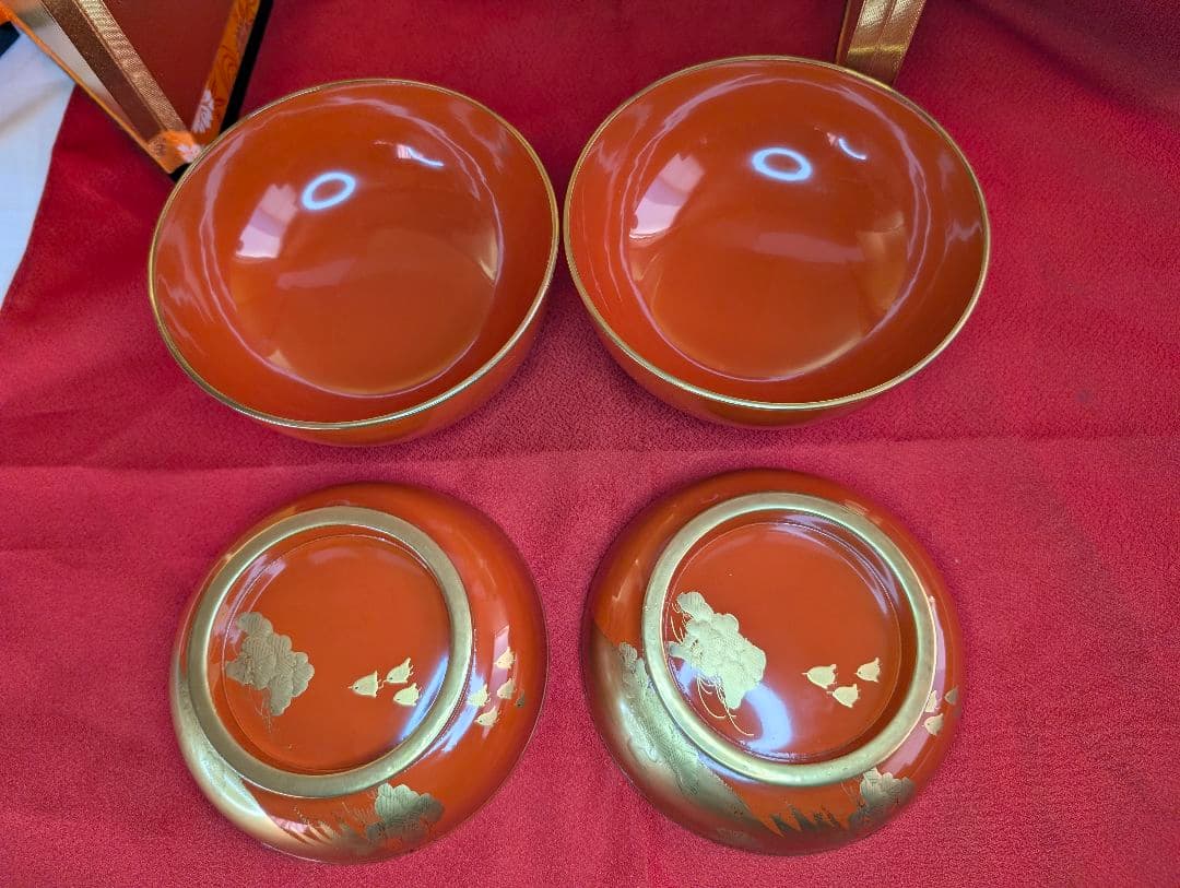 明治時代 輪島塗 金蒔絵 蓋付椀 波千鳥 2客 木製 汁椀 吸物椀 雑煮椀