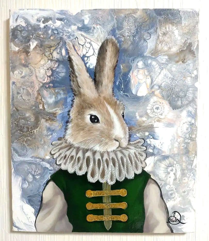 ウサギの油絵【兎伯爵】1点物の原画/作者サイン入り/F8号キャンバス