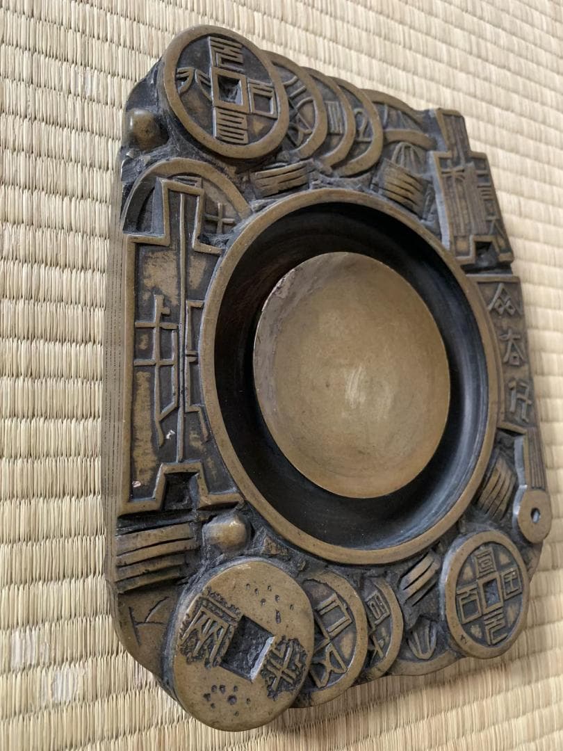 澄泥硯 新絳県黄澄泥有蓋古錢文長方陶硯　書道　中国　硯