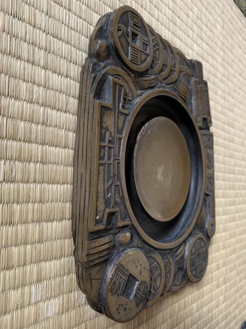 澄泥硯 新絳県黄澄泥有蓋古錢文長方陶硯　書道　中国　硯