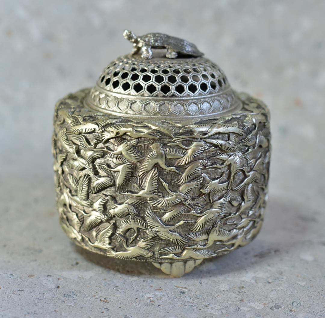 佐野宏采造（彫金作家）華鶴香炉　共箱　金属工芸