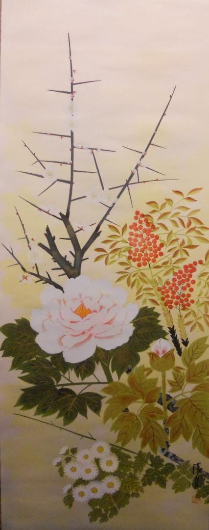 掛け軸 清月 四季花 絹本 希少 軸装 茶道具 掛軸 美品 です。