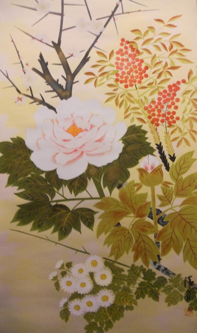 掛け軸 清月 四季花 絹本 希少 軸装 茶道具 掛軸 美品 です。