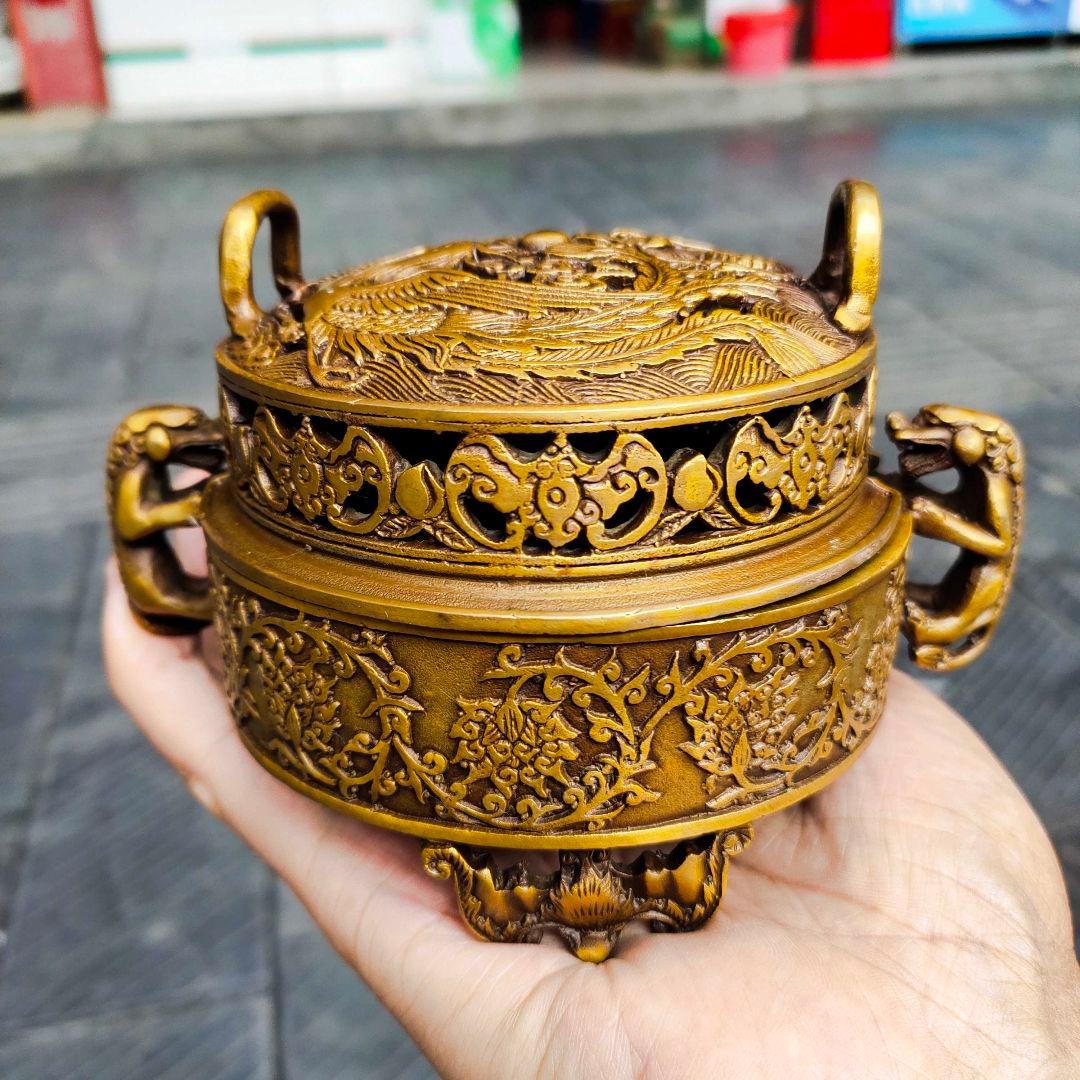 龍鳳香炉 銅 細工 装飾品 現代工芸品 美術品 置物