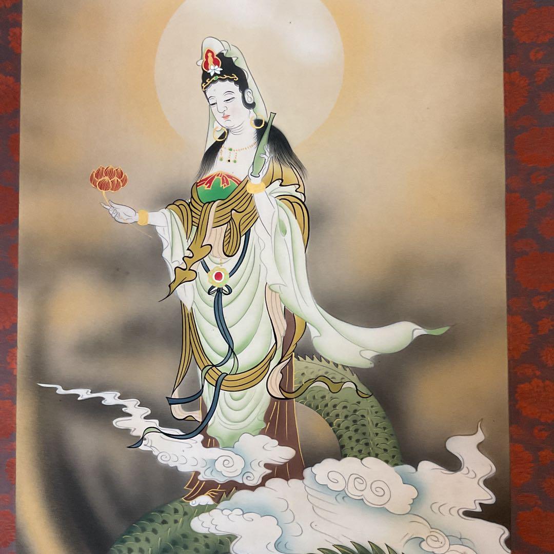 紫雲作 龍雲聖観音図 絹本彩色画 自題共箱 タトウ箱 肉筆画