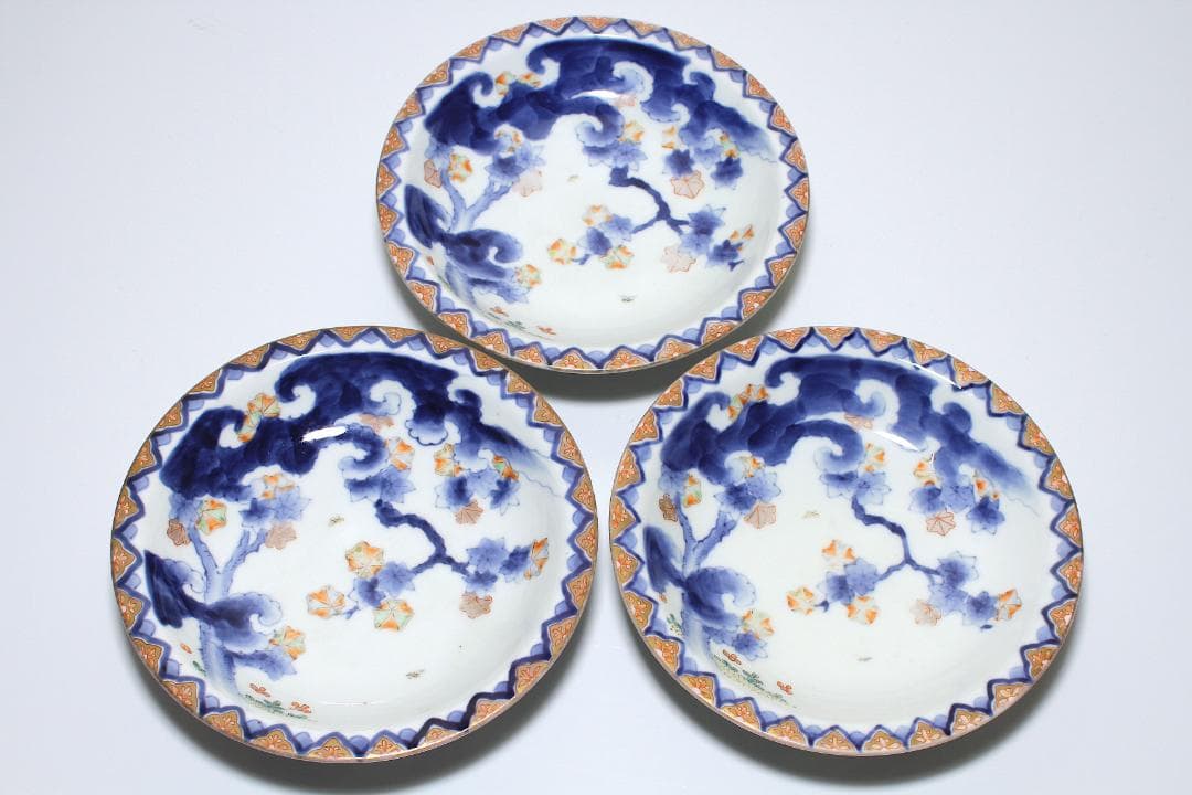 明治期 有田焼『江上製(江上熊之助)』染錦紅葉図 上手五寸皿 三客揃