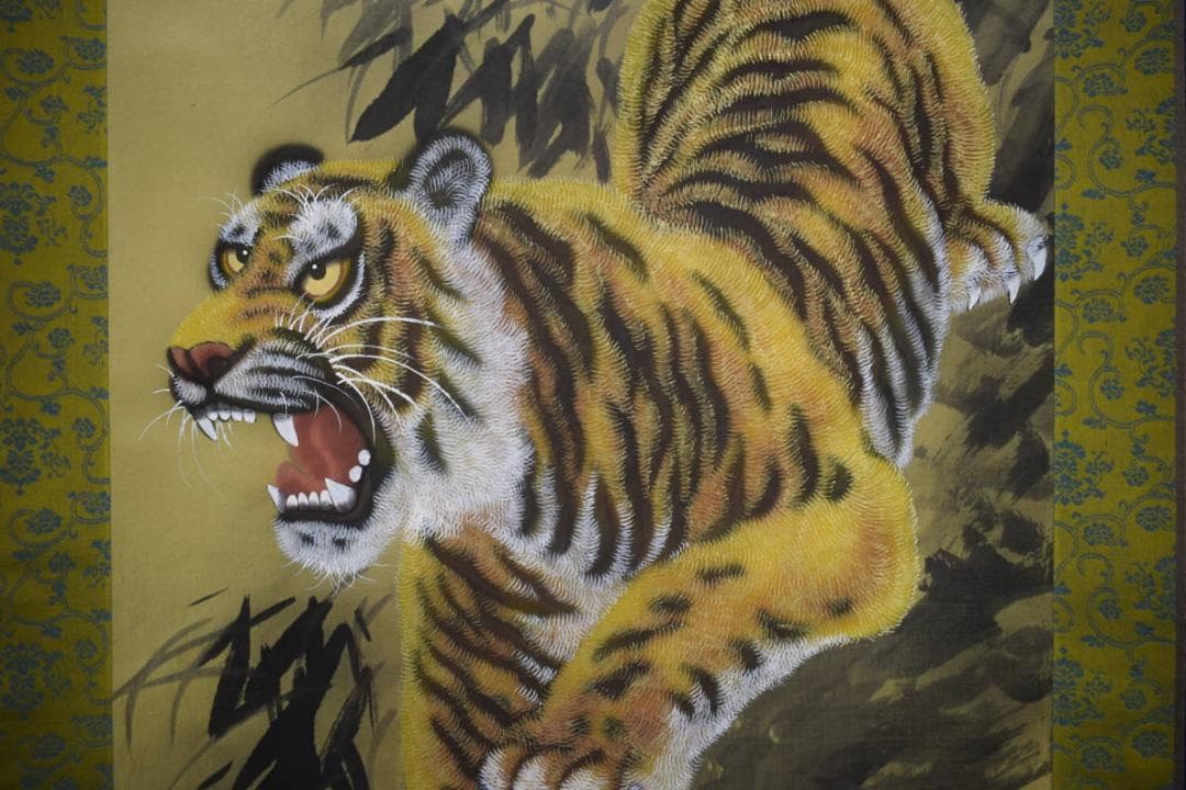 真作/観嵐/月下猛虎図/猛虎/中国画/布袋屋掛軸HJ-727