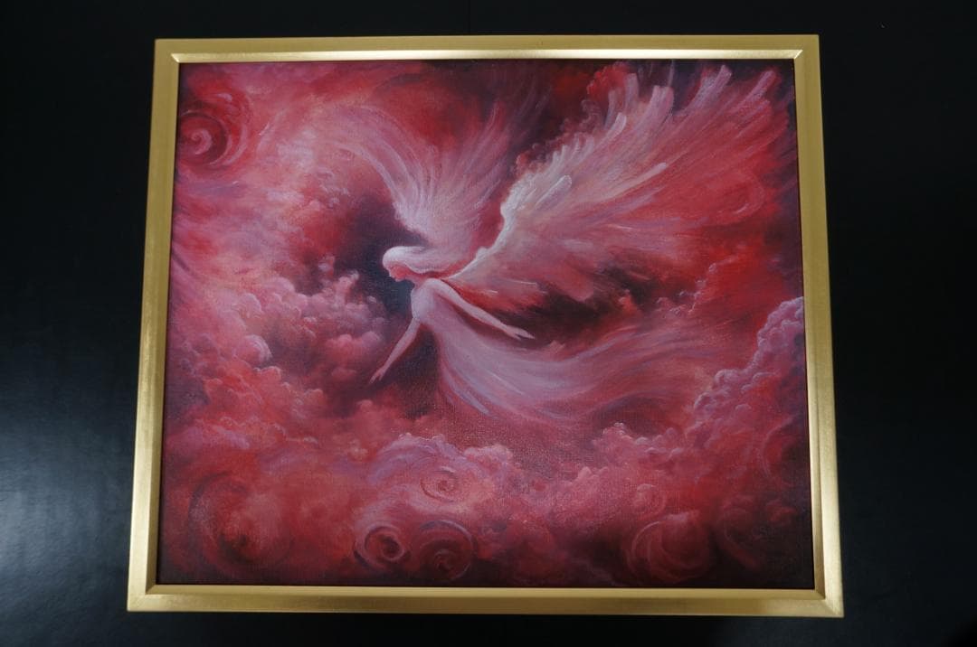 0003　絵画　天使の絵　赤　ピンク　額縁