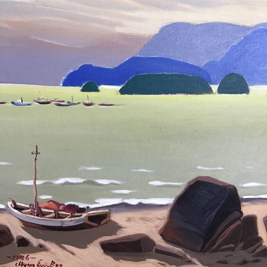 絵画　油彩画　日没　８号　鄭義富作　韓国アーティスト　共箱　S1017KG