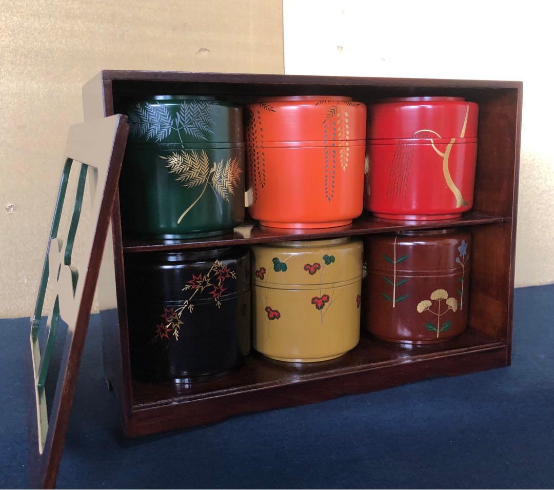 《R》六彩掻合塗 草花絵変 弁当箱6客 平安堂 共箱 260209け1