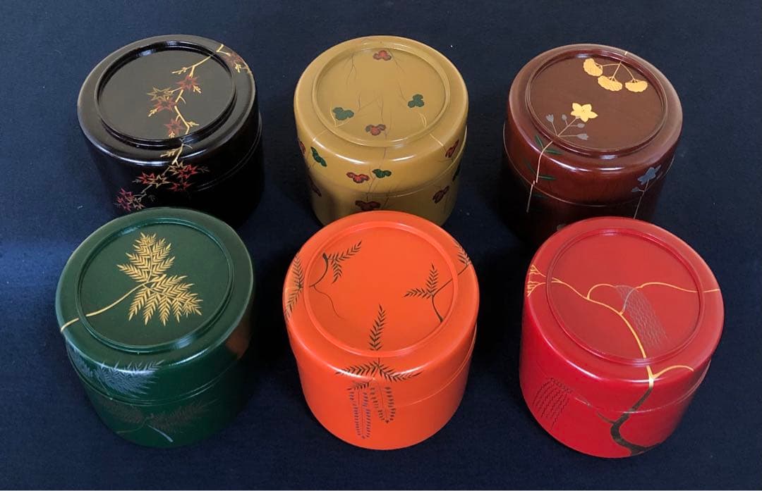 《R》六彩掻合塗 草花絵変 弁当箱6客 平安堂 共箱 260209け1