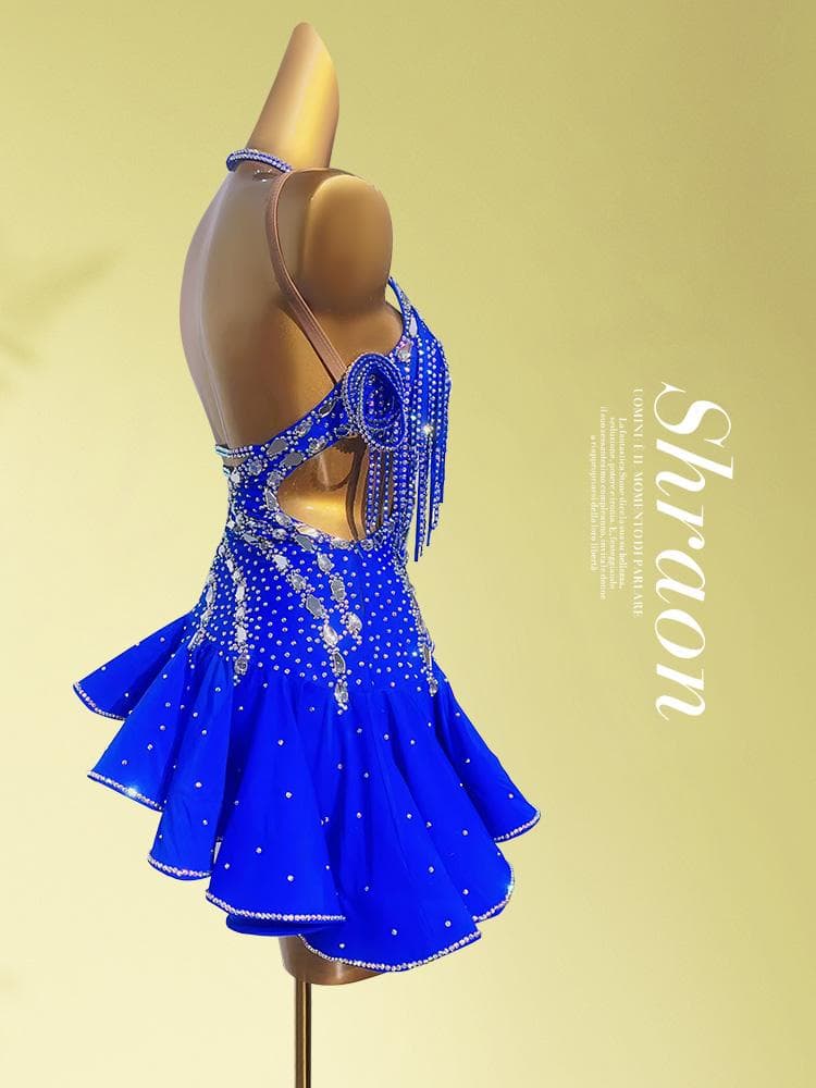 ラテンドレス 高級競技用 ワンショルダー フリル ワンピース ステージ衣 競技会