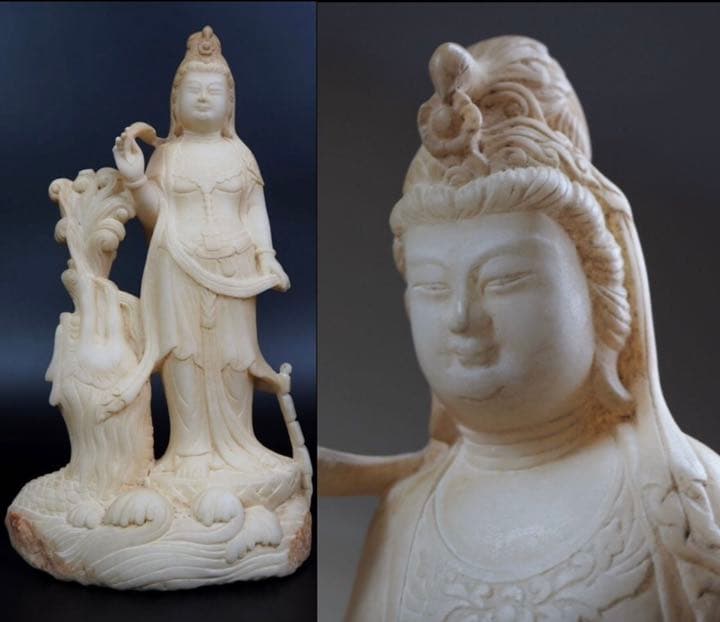 送料無料　古い白石彫刻 龍頭観音菩薩立像 箱付 中国古玩 仏教美術