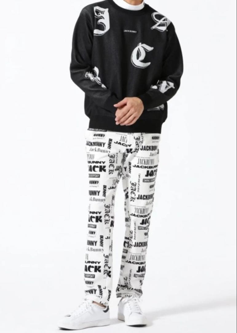 新品 パーリーゲイツ ジャックバニー ツイル 総柄テーパードパンツ(6) LL白