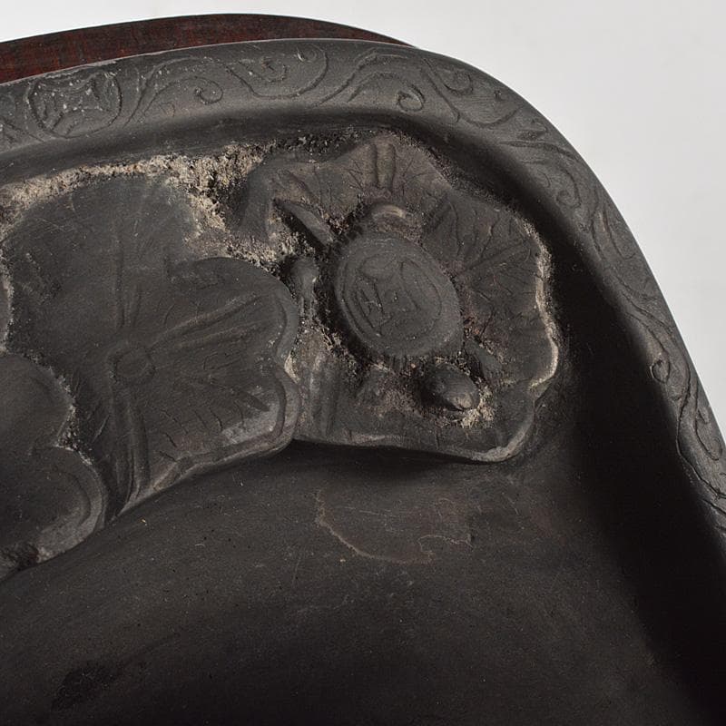 中国　書道具　花刻　端渓硯　唐木箱付　V　R7139