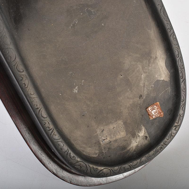 中国　書道具　花刻　端渓硯　唐木箱付　V　R7139